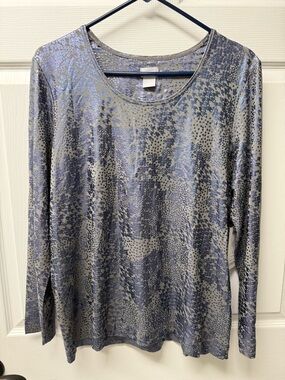 Chico's Metallic Blue/Slate Gray Long-Sleeve Scoop Neck Top - brand new
